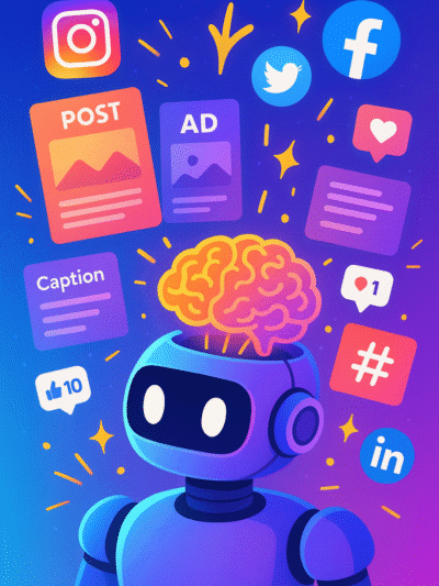 Vibrant AI writers for social media content illustration