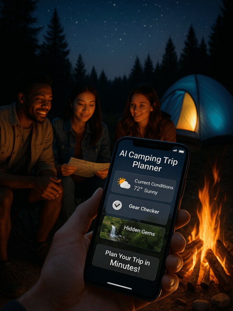 Campers around fire use AI Camping Trip Planner app to organize a seamless outdoor adventure.