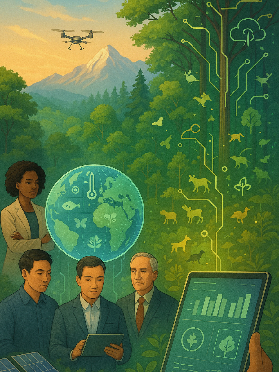 Lush forest and digital AI overlay indicating environmental conservation data