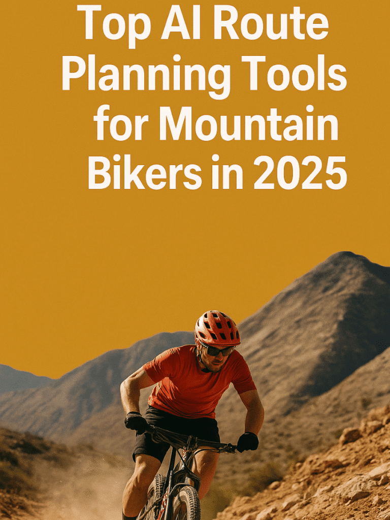 AI route planning for mountain bikers on a rugged trail under a bold orange sky.