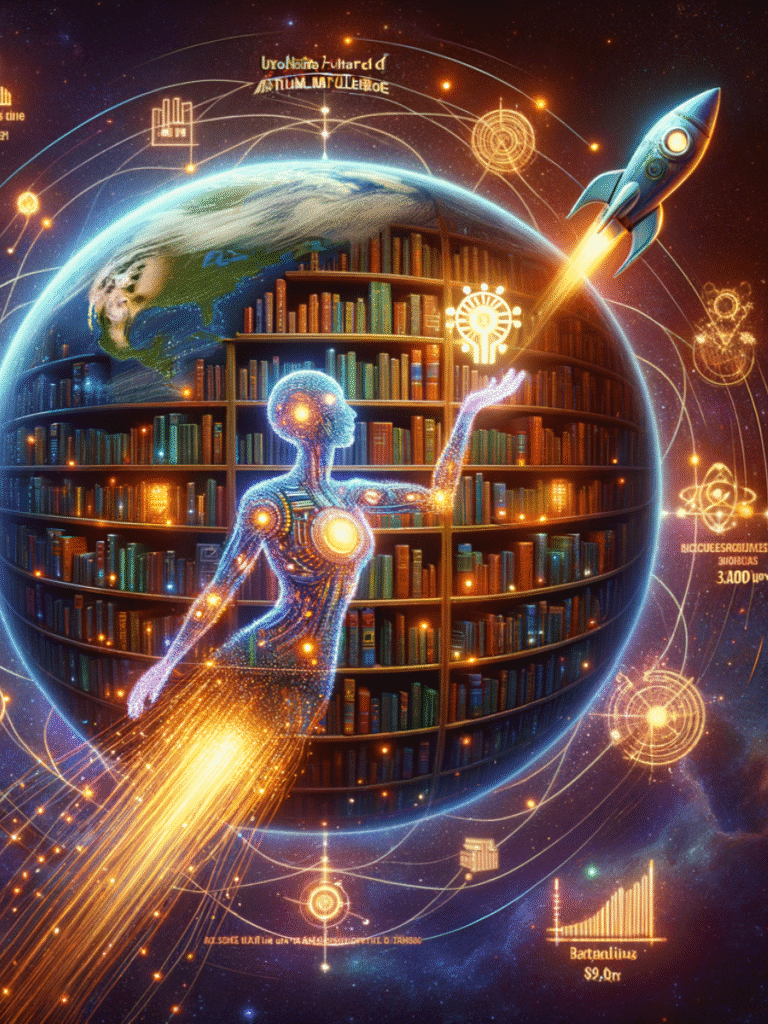 AI books floating in digital library orbiting Earth with rocket launching toward future Best Sellers in Artificial Intelligence knowledge.
