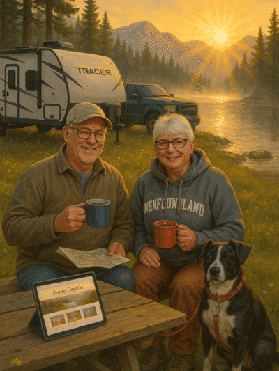 Charlie, Natalie, and their dog Gracie enjoying the outdoors together