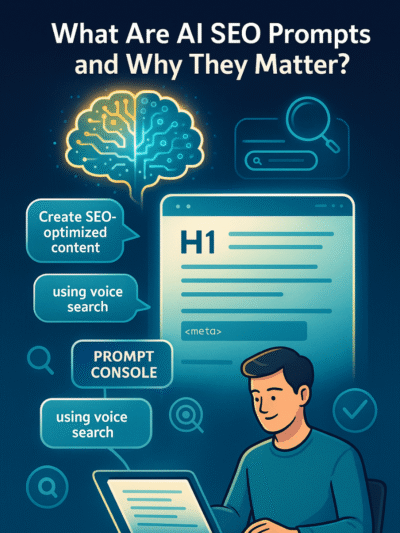 What Are AI SEO Prompts illustration showing AI brain, prompt console, and content creation workflow