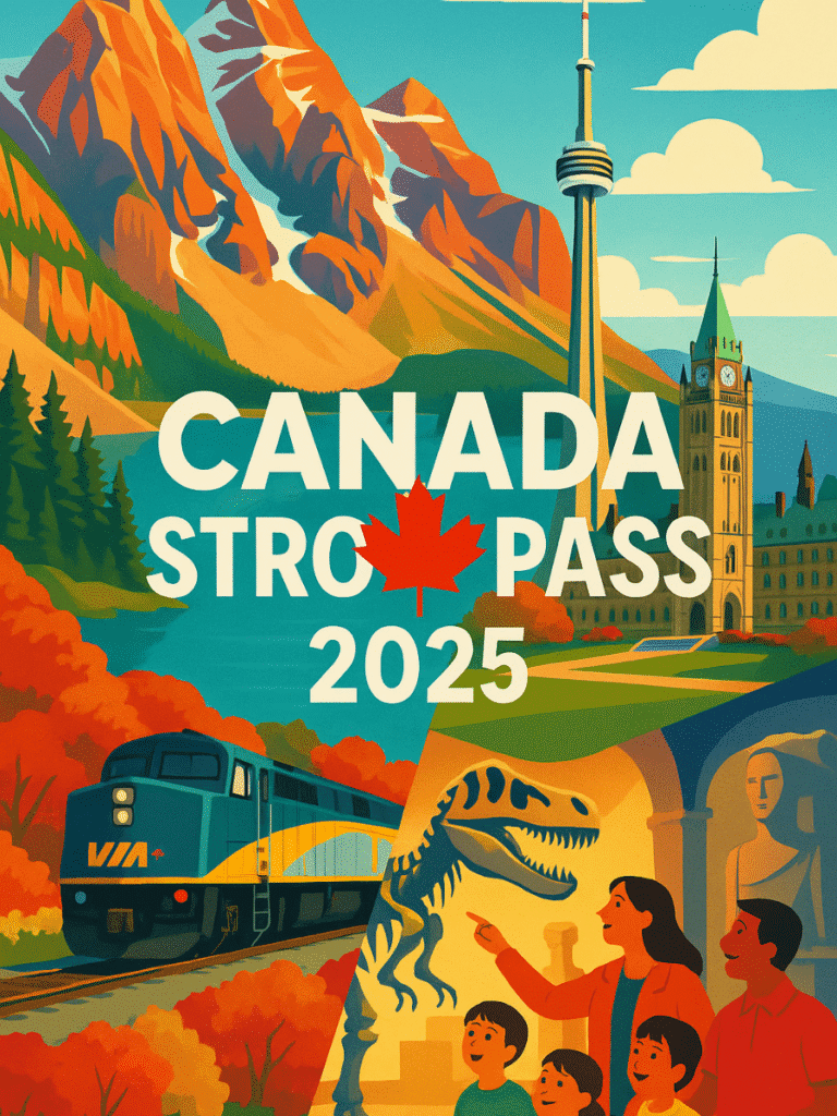 Canada Strong Pass poster showing iconic landmarks, trains, museums, and families enjoying Canadian experiences.