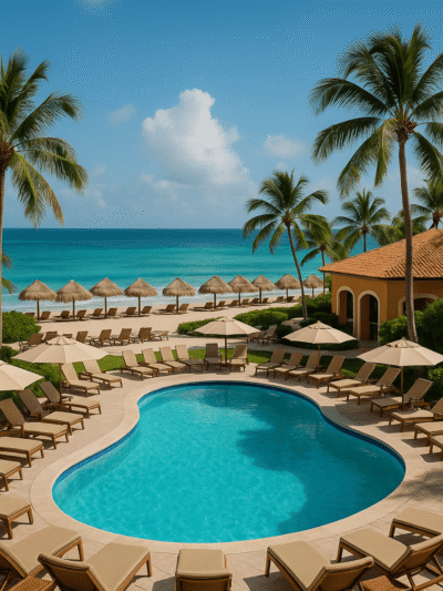 Luxury tropical beach pool view at an all inclusive resort under sunny skies and palm trees.
