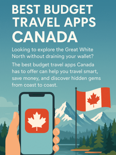 Smartphone displaying best budget travel apps Canada with scenic mountain and lake background.
