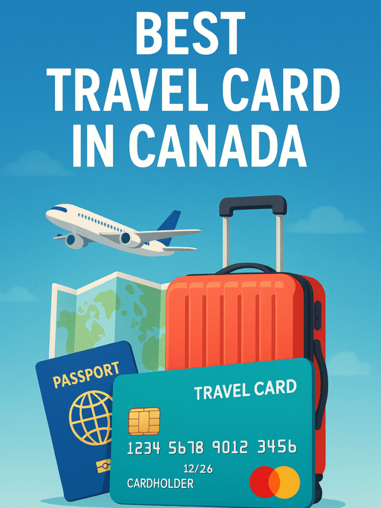 Best travel card in Canada beside passport, suitcase, map, and flying airplane.
