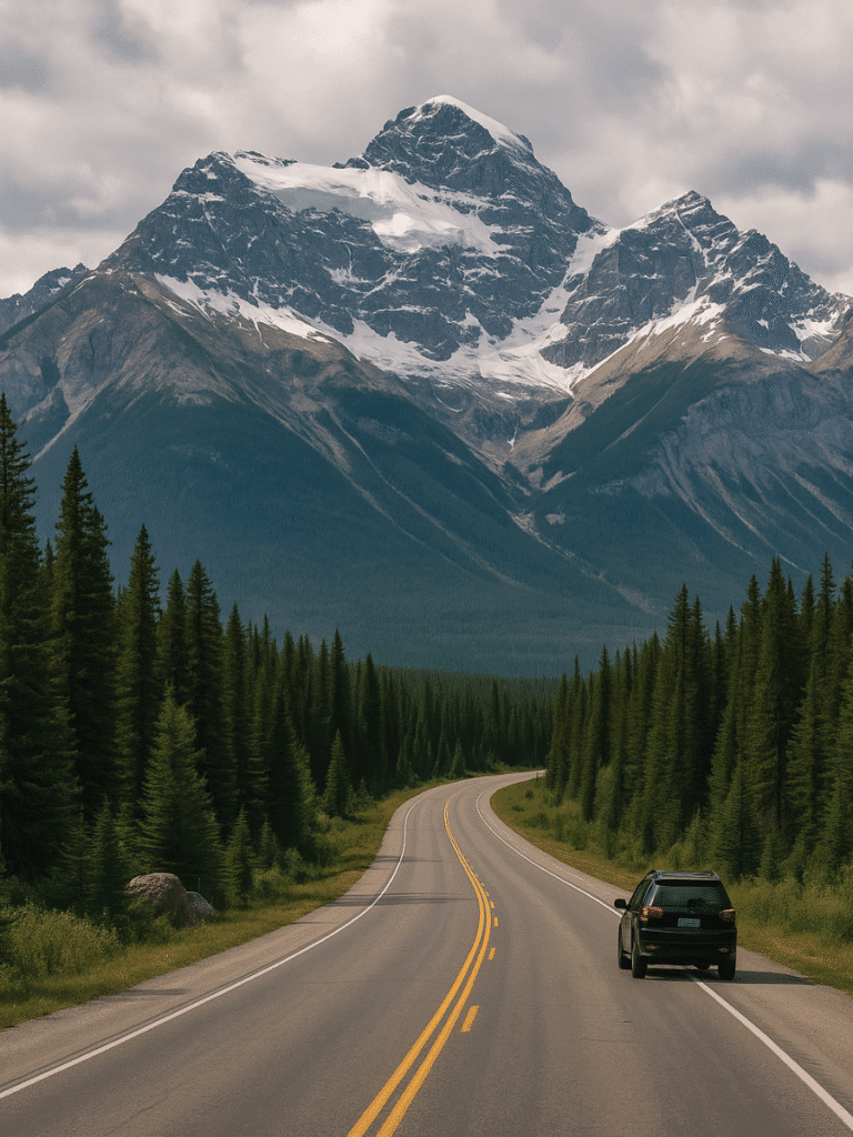Budget road trip Canada highway view with SUV and mountain backdrop under cloudy sky.