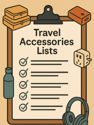 Essential travel accessories laid out for Canadian travellers including packing cubes, universal adapter, and travel pillow