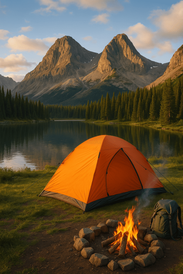 Backcountry camping Alberta scene with tent, campfire, and mountain lake at sunset.