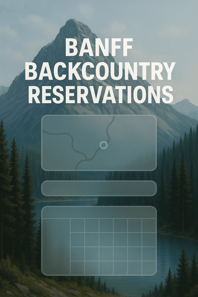 Scenic mountain backdrop with turquoise lake and user interface overlay for Banff backcountry reservations.
