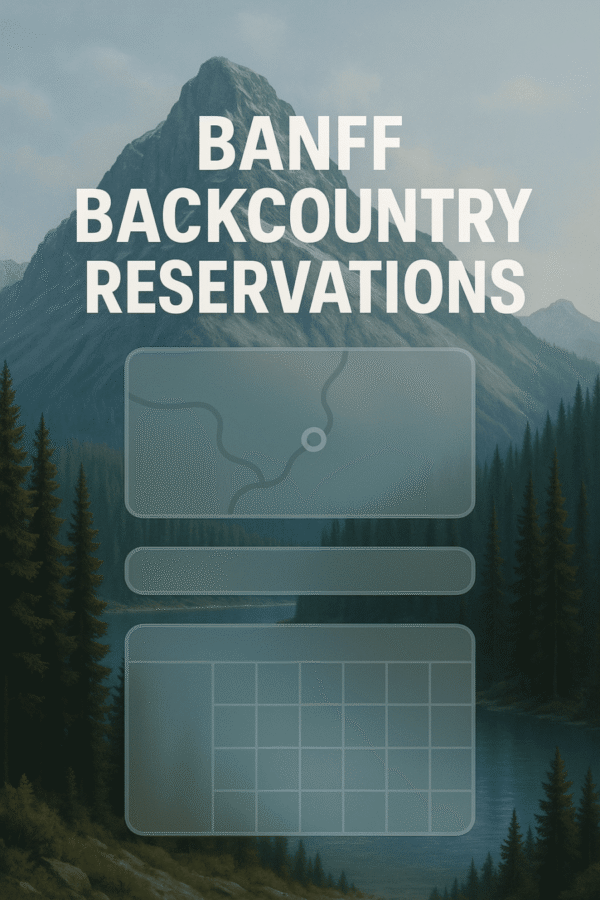 Scenic mountain backdrop with turquoise lake and user interface overlay for Banff backcountry reservations.