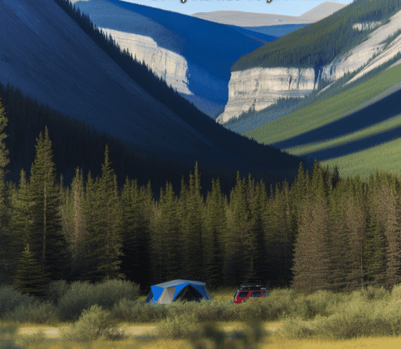Scenic View of Quaite Valley Backcountry Campground A vibrant valley scene showing a tent and a vehicle nestled among the trees at Quaite Valley Backcountry Campground, with towering cliffs and sunlit forest creating a dramatic backdrop.
