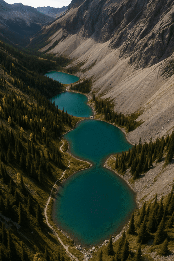 Stunning view of Pickle Jar Lakes with turquoise alpine waters surrounded by Rocky Mountain peaks in Kananaskis Country, Alberta