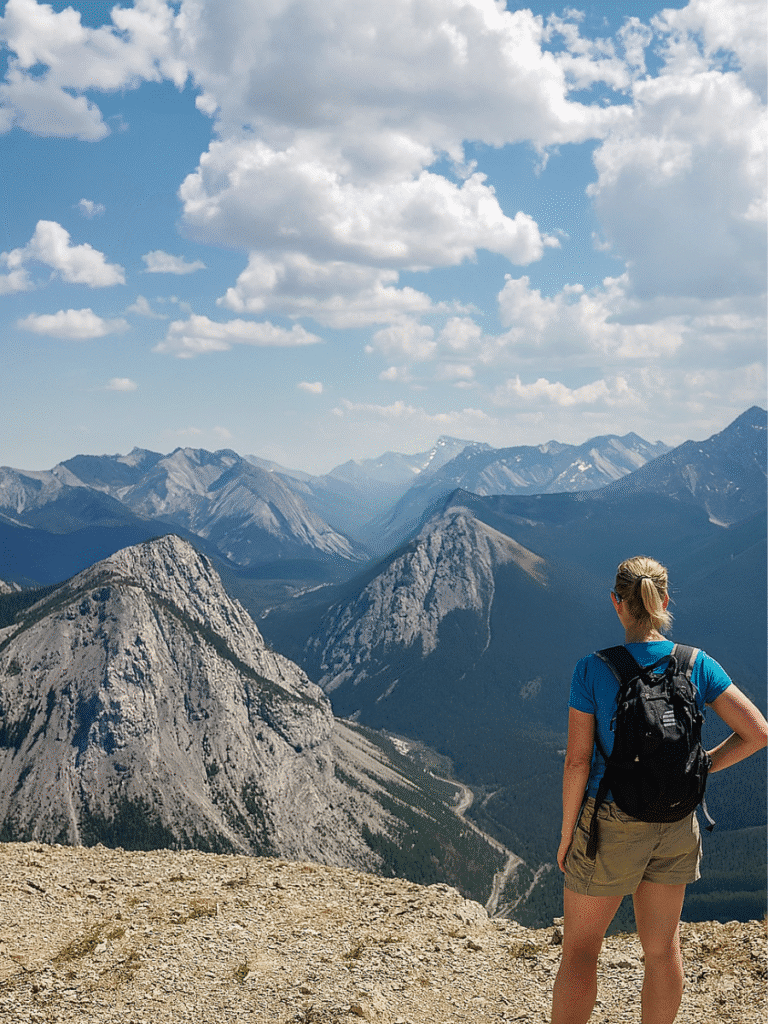 Woman hiking on Skyline Trail Alberta with panoramic mountain views under a bright summer sky.