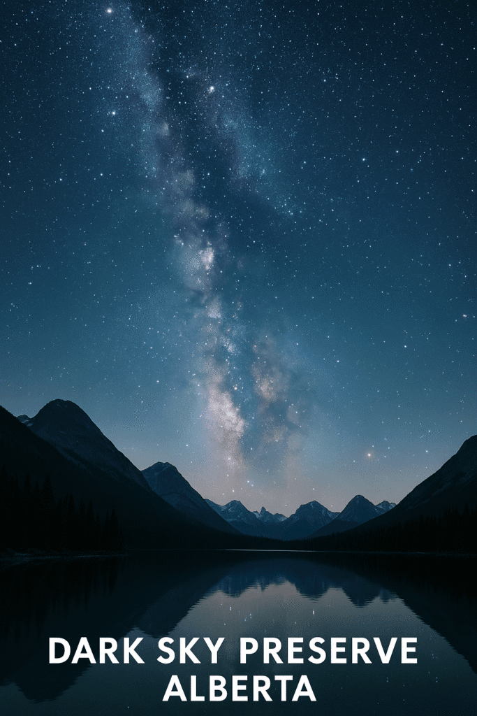 Starry night view at Dark Sky Preserve Alberta with Milky Way over mountain lake.