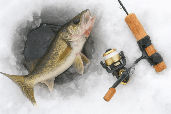 Best ice fishing lures for walleye not shown with a freshly caught walleye on the ice beside a fishing rod and reel.