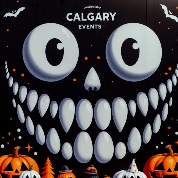 Halloween Calgary Events - Spooky Monster Face Design Spooky Halloween Calgary events illustration featuring giant glowing eyes, sharp white teeth, jack-o'-lanterns, bats, and orange dots on black background