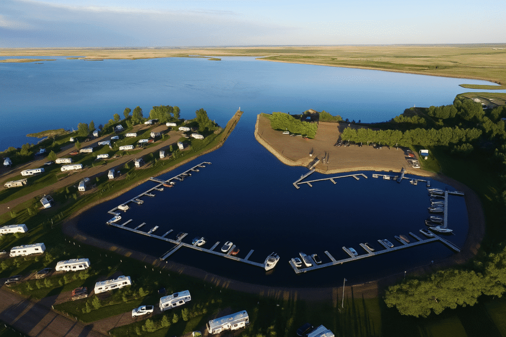 Aerial view of RV sites, marina, and lake at crawling valley campground during golden hour.