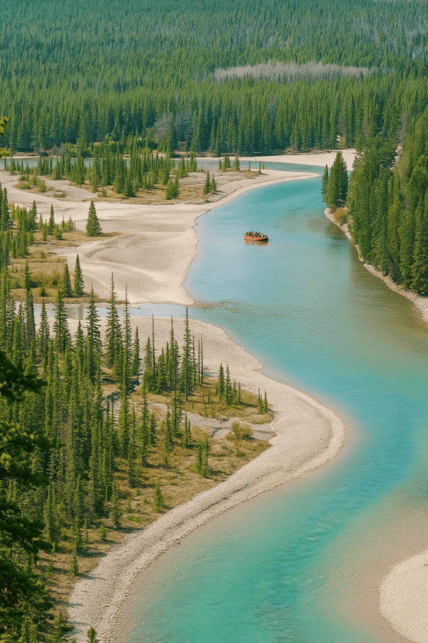 A stunning aerial view of Birch Mountains Wildland Provincial Park showing a turquoise river winding through dense evergreen forest and sandy riverbanks under bright sunlight.